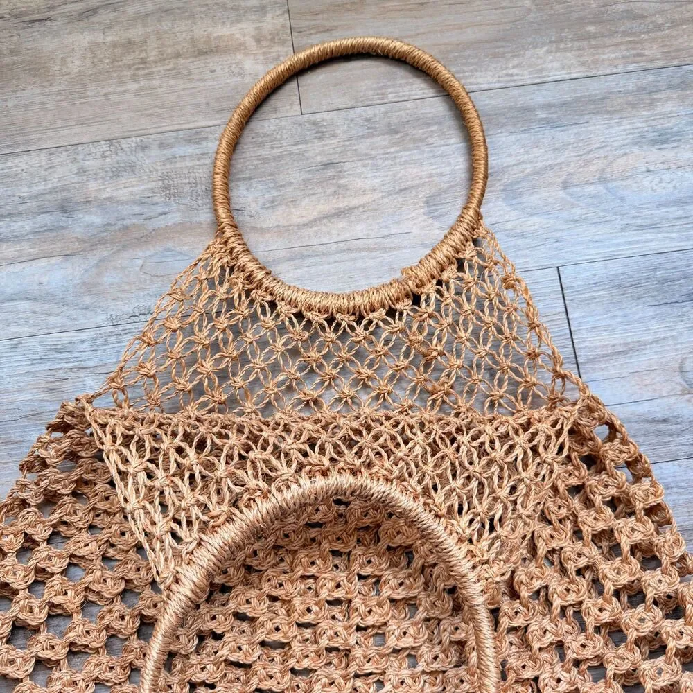 Vintage 1970s Macrame Market Bag Boho Jute Crochet Net Shopper Beach Tote Hippie